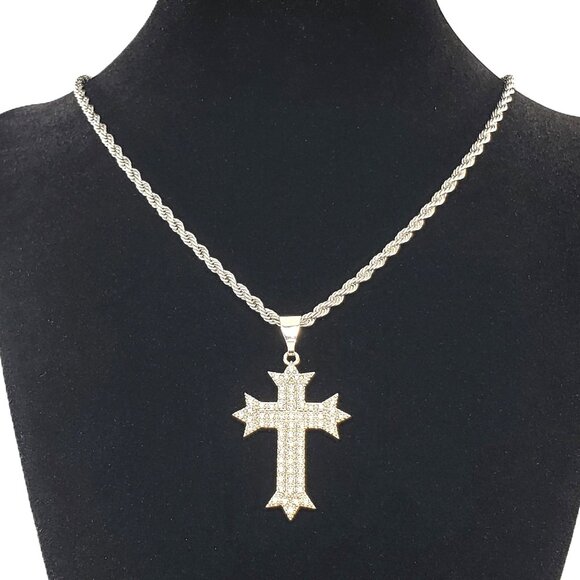 24" Mens 2ct Diamond 14K White Gold Cross Necklace Rope Chain Silver Jewelry 14 - Picture 3 of 9